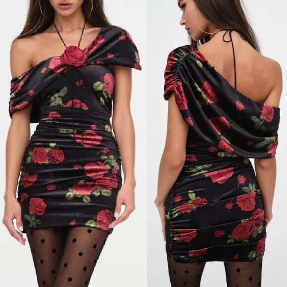 NWT FOR LOVE AND LEMONS BIANCA RUCHED FLORAL VELVET MINI DRESS SIZE S - Picture 2 of 7